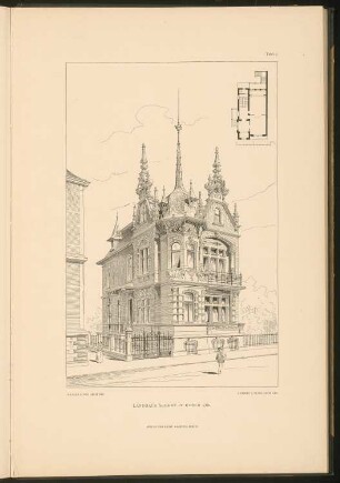 Landhaus Scherz, Köln: Grundriss und perspektivische Ansicht (aus: Stadt- und Landhäuser, hrsg. von Ernst Wasmuth, Berlin 1894)