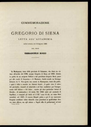 COMMEMORAZIONE DI GREGORIO DI SIENA LETTA ALL 'ACCADEMIA