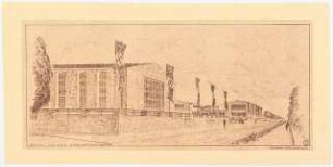 Haus der Arbeit mit Thingplatz Schinkelwettbewerb 1936: Perspektivische Ansicht. Blick von der der Anmarschstraße