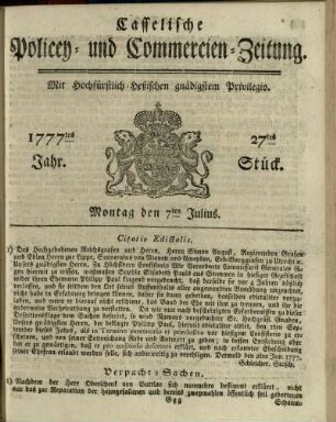 27tes Stueck, Montag den 7ten Julius 1777