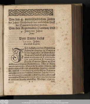 Vom Winter dieses 1609. Jahrs. Das Erste Capittel.