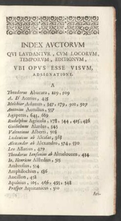 Index Auctorum Qui Laudantur, Cum Locorum, Temporum, Editionum, Ubi Opus Esse Vuisum, Adsignatione