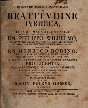 Dispvtatio Ivridica Inavgvralis De Beatitvdine Ivridica
