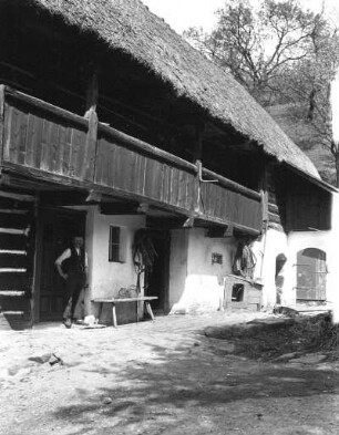 Babutin (Babětín). Bauernhaus mit Laubengang. Hofansicht