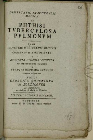 Dissertatio Inauguralis Medica De Phthisi Tuberculosa Pulmonum : Die XVIII. Octobris MDCCXCII.