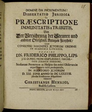 Dissertatio Juridica De Præscriptione Immunitatis A Tributis