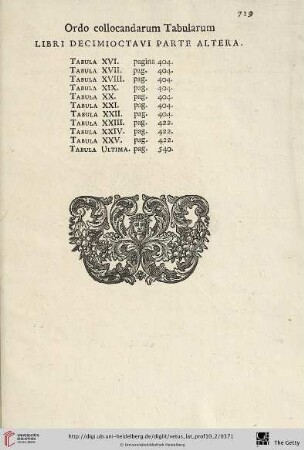 Ordo collacandarum Tabularum Libri decimioctavi Parte Altera