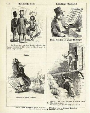 "Der zärtliche Gatte" "Schwäbischer Speisezettel" "Rebus" "Kleine Ursachen und große Wirkungen"