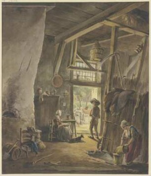 Im Inneren eines Bauernhauses, an der Tür sitzt die Frau, mit dem hinausgehenden Mann sprechend, rechts die Magd mit zwei Wassergefäßen