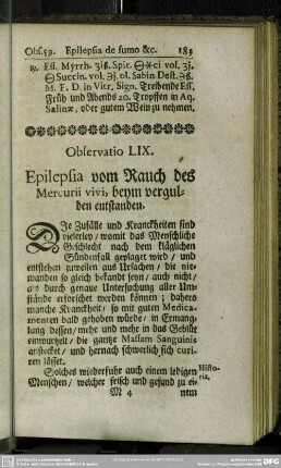 Observatio LIX. Epilepsia vom Rauch des Mercurii vivi, beym vergulden entstanden