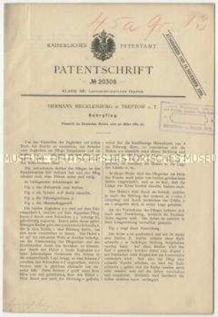 Patentschrift eines Kehrpfluges, Patent-Nr. 20308