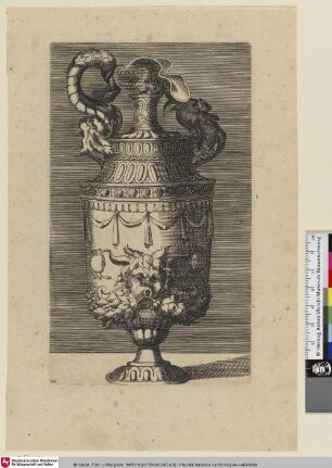[Vase mit Maskaron zwischen Krabbe, darunter Früchte und Blätter]