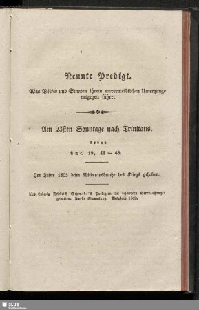 Neunte Predigt. Was Völker und Staaten ihrem unvermeidlichen Untergange entgegen führe