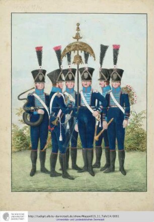 Abbildung Des Gros[s]herzoglich Hessischen Militair. [Tafel 14: Leib-Regiment; Sechs Hautboisten des Regiments]. S.l.e.a. [ca. 1813/14]