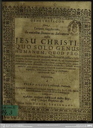 Genethliacon sive carmen Sapphicum in natalem Jesu Christi