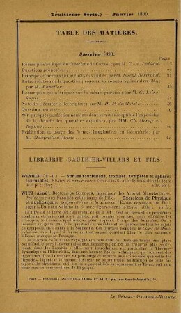 Table des matières. Janvier 1890.