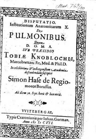Disputatio Institutionum Anatomicarum. 10, De Pulmonibus