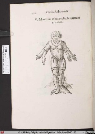 Monstrum tribus oculis, & quattuor manibus.