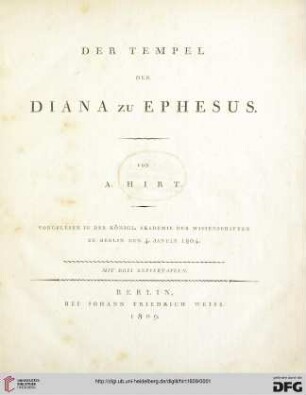 Der Tempel der Diana zu Ephesus : vorgelesen in Königl. Akad. der Wiss. zu Berlin den 4. Januar 1804