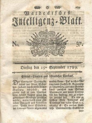 No. 37, Dinstag den 15ten September 1789