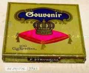 Blechdose für "Souvenir 100 Cigaretten" (Abbildung einer Krone auf rotem Kissen)