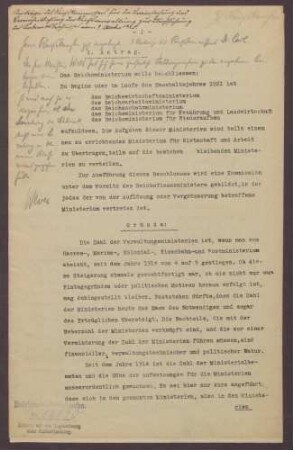 Anträge von Eduard Kohlrausch, Kommissar für die Vereinfachung und Vereinheitlichung der Reichsverwaltung,