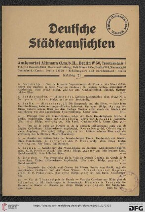 Nr. 21: Katalog / Antiquariat Altmann G.m.b.H., Berlin: Deutsche Städteansichten