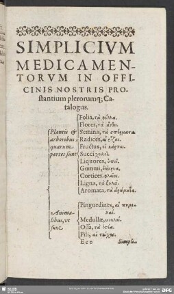 Simplicium Medicamentorum In Officinis Nostris Prostantium plerorumq[ue]; Catalogus