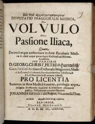 Disputatio Inauguralis Medica, De Volvulo Sive Passione Iliaca