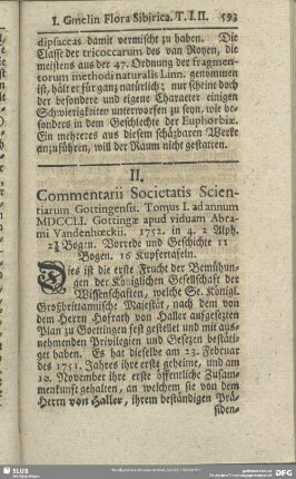 II. Commentarii Societatis Scientiarum Gottingensis. Tomus I. ad annum MDCCLI. Gottingae apud viduam Abrami Vandenhoeckii. 1752