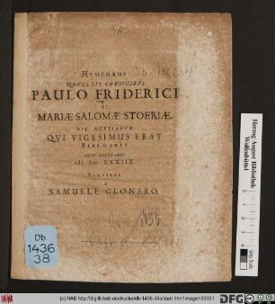 Hymenaeus Novellis Coniugibus Paulo Friderici Et Mariae Salomae Stoeriae