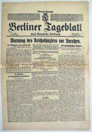 Berliner Tageblatt zur Lage in Deutschland am Vorabend der Novemberrevolution