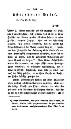 Achzehnter Brief - Jaffa - Achmet Age - Daimani - Terehinthenthal - Araber, ihre Berathschlagung - Bethoron - Rama - fruchtbare Ebene um Rama - Jaffa - Cäsarea. -