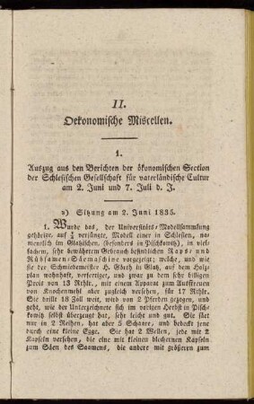 1. Auszug aus den Berichten der ökonomischen Section der Schlesischen Gesellschaft für vaterländische Cultur am 2. Juni und 7. Juli d. J.