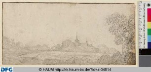 Landschaft mit Kirche und Windmühle
