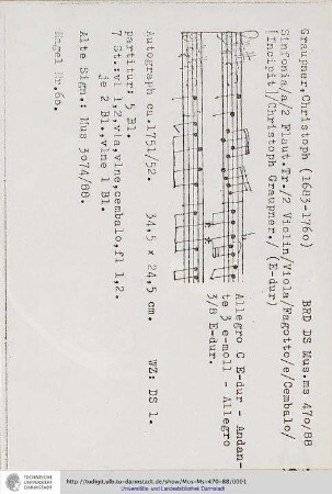 Sinfonia / a / 2 Flaut. Tr. / 2 Violin / Viola / Fagotto / e / Cembalo / [Incipit] / Christoph Graupner.