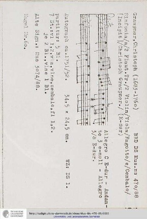 Sinfonia / a / 2 Flaut. Tr. / 2 Violin / Viola / Fagotto / e / Cembalo / [Incipit] / Christoph Graupner.