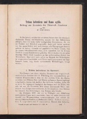 Triton helveticus und Rana agilis : Beitrag zur Kenntnis der Thierwelt Frankens