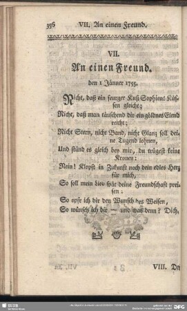 VII. An einen Freund. den I. Jänner 1755