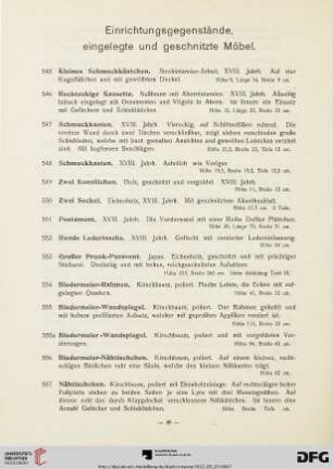 Einrichtungsgegenstände, eingelegte und geschnitzte Möbel (Nr. 545-617)