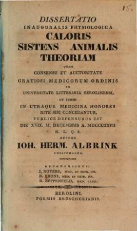 Diss. inaug. physiol. caloris sistens animalis theoriam