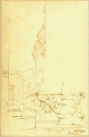 Durlach Sockel Marktbrunnensäule mit Blick in die Pfinztalstraße