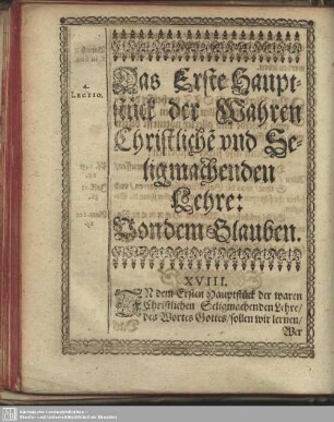 Das Erste Hauptstück der Wahren Christliche[n] und Seligmachenden Lehre: Von dem Glauben