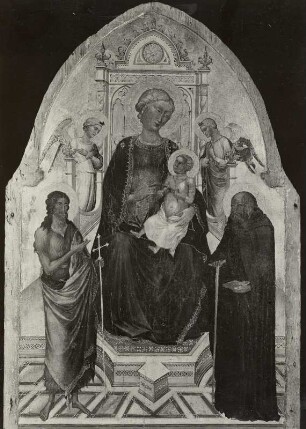 Thronende Madonna mit dem Kinde, von zwei Engeln verehrt, mit Johannes dem Täufer und dem heiligen Antonius Abbas