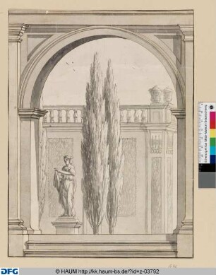 Kassel: Entwurf für eine Wanddekoration: Blick durch einen Architekturrahmen auf die Karlsaue mit weiblicher Skulptur umgeben von Bäumen