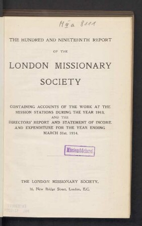 119.1913/14: Report of the London Missionary Society