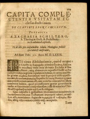 Capita Complectenti A Usitatam Ecclesiae doctrinam De Clavibus Regni Coelorum.