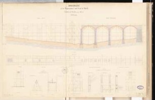 Hochofenanlage mit Verbindungsbahn Schinkelwettbewerb 1863: Eisenbahnbrücke, Lehrgerüst: Grundriss (5 Ebenen), Aufriss Seitenansicht, Längsschnitt, Querschnitte, Details; 3 Maßstabsleisten