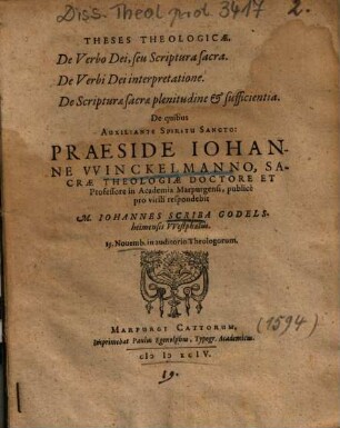 Theses Theologicae, De Verbo Dei, seu Scriptura sacra, De Verbi Dei interpretatione, De Scripturae sacrae plenitudine et sufficientia