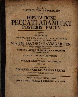 Diss. theol. de imputatione peccati Adamitici posteris facta
